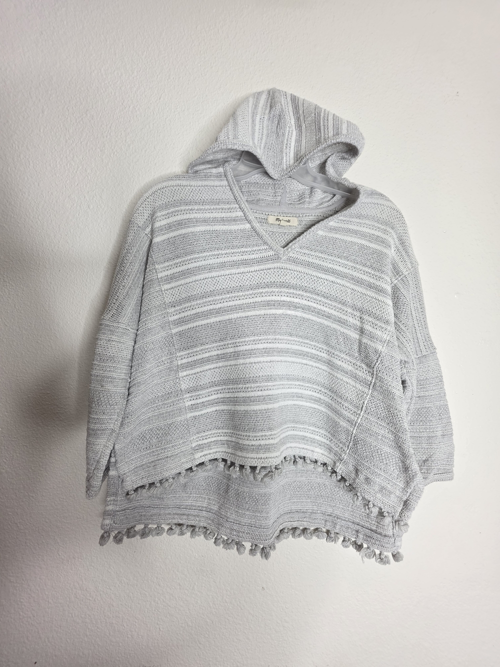 Madewell Gray/White Striped Knit Hooded Pullover Sweater V-Neck 3/4 Sleeve XS/S